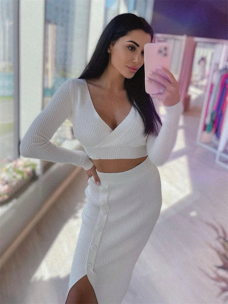 V-Neck Crop Top ANd Midi Skirt Sets Autumn Wrap Slim Bodycon Casual 2 Piece Sets Dress Outfits Women’s Knitted Suit 2025