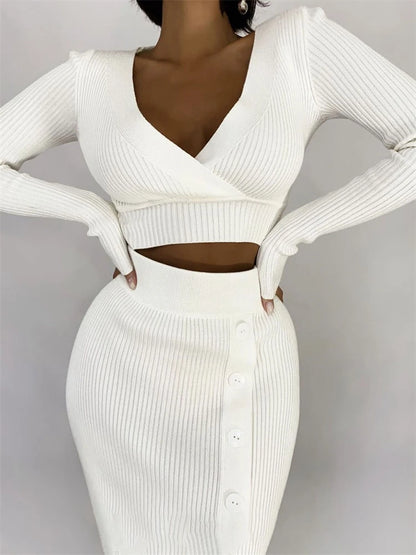 V-Neck Crop Top ANd Midi Skirt Sets Autumn Wrap Slim Bodycon Casual 2 Piece Sets Dress Outfits Women’s Knitted Suit 2025