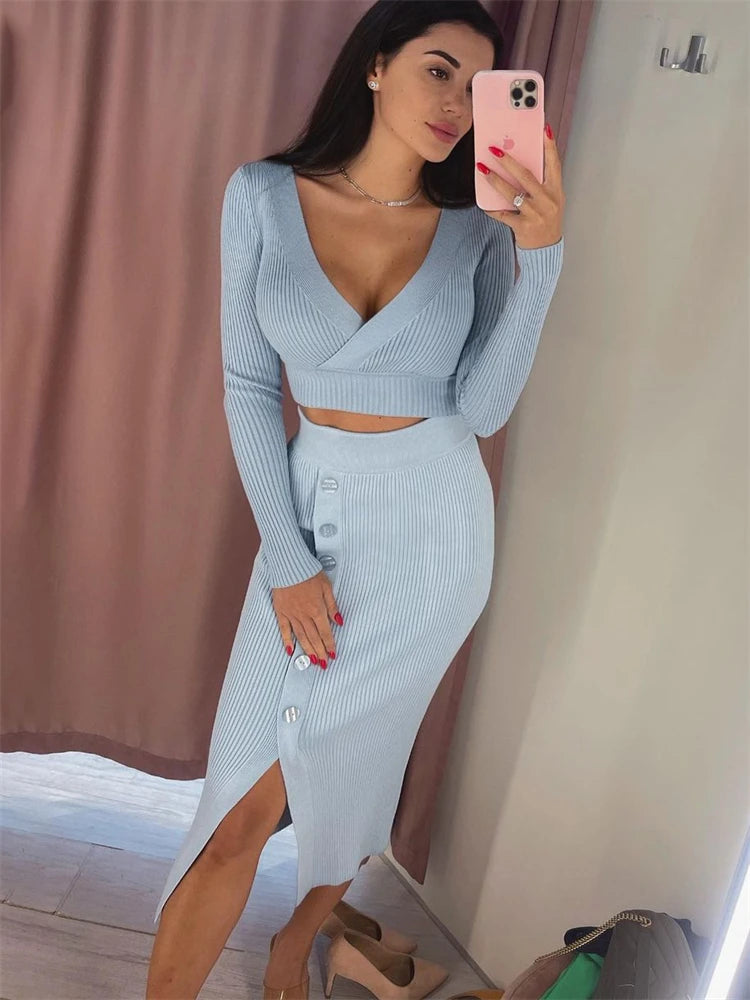 V-Neck Crop Top ANd Midi Skirt Sets Autumn Wrap Slim Bodycon Casual 2 Piece Sets Dress Outfits Women’s Knitted Suit 2025