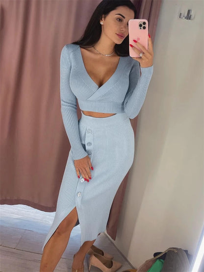 V-Neck Crop Top ANd Midi Skirt Sets Autumn Wrap Slim Bodycon Casual 2 Piece Sets Dress Outfits Women’s Knitted Suit 2025