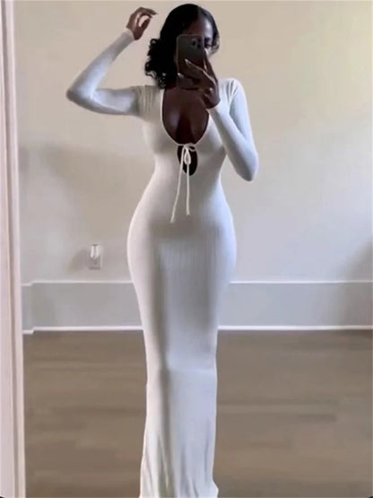 V-Neck High Waist Slim Maxi Dress – Solid Bandage Elegant Fashion Long Sleeve Party Dress Summer 2025