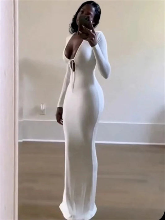 V-Neck High Waist Slim Maxi Dress – Solid Bandage Elegant Fashion Long Sleeve Party Dress Summer 2025