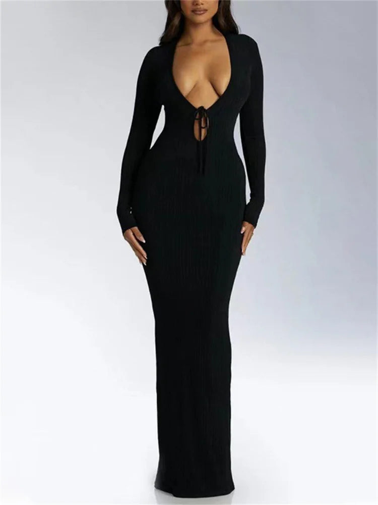 V-Neck High Waist Slim Maxi Dress – Solid Bandage Elegant Fashion Long Sleeve Party Dress Summer 2025