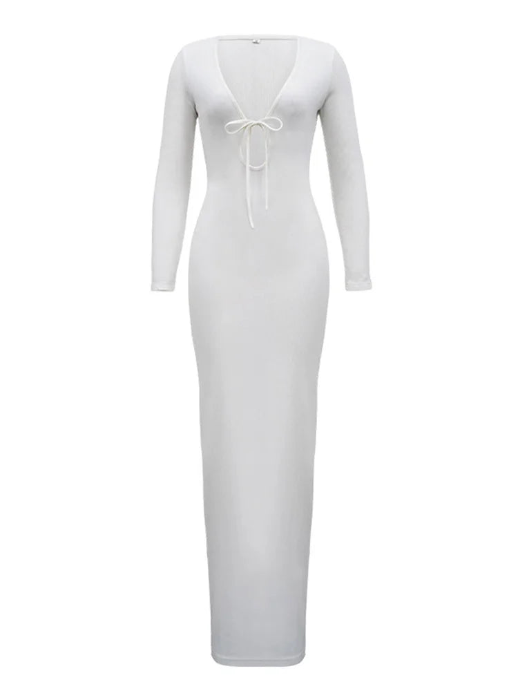 V-Neck High Waist Slim Maxi Dress – Solid Bandage Elegant Fashion Long Sleeve Party Dress Summer 2025