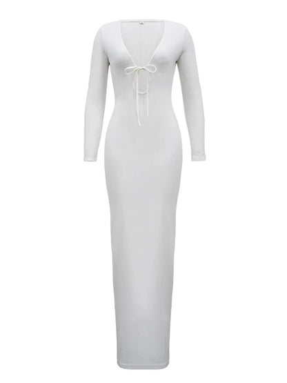 V-Neck High Waist Slim Maxi Dress – Solid Bandage Elegant Fashion Long Sleeve Party Dress Summer 2025
