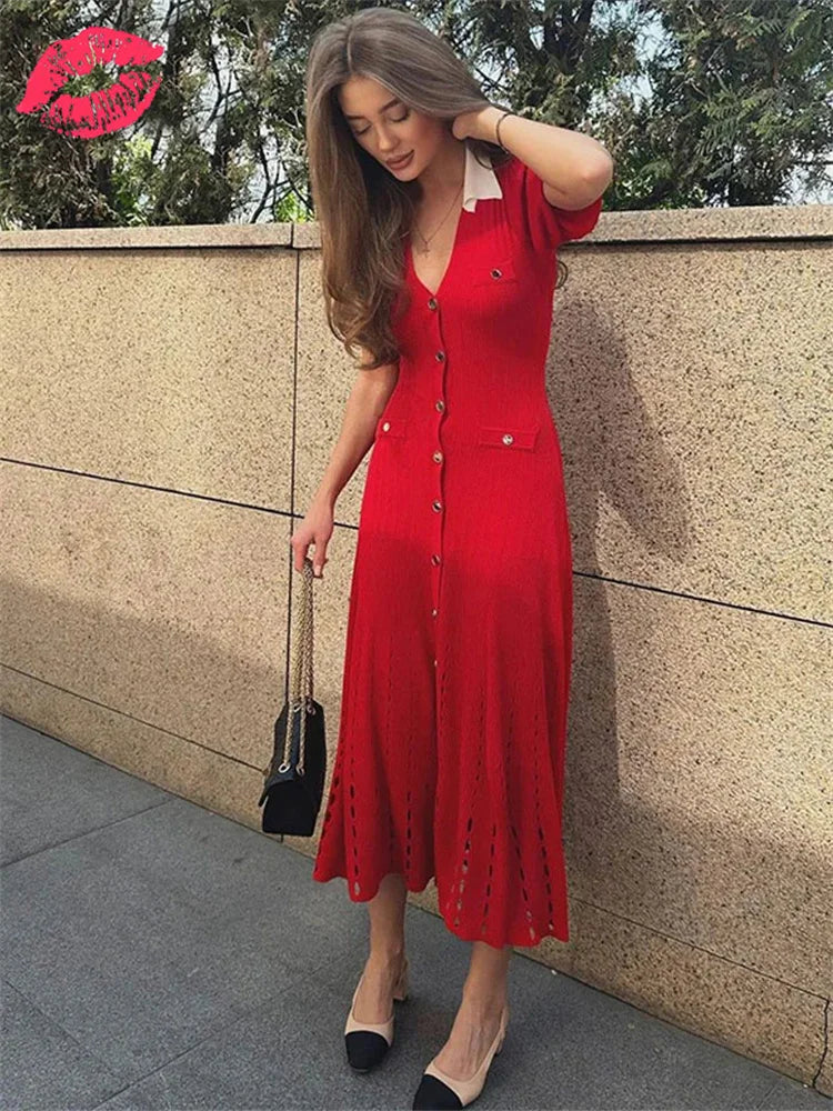 Vestido largo de punto con escote en V y contraste para mujer, con solapas ahuecadas, cintura alta, elegante, para fiesta, de punto, maxivestido para mujer