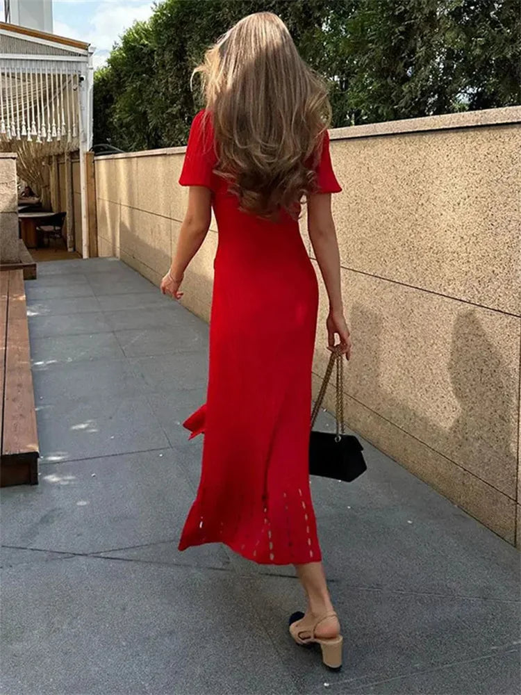 Vestido largo de punto con escote en V y contraste para mujer, con solapas ahuecadas, cintura alta, elegante, para fiesta, de punto, maxivestido para mujer
