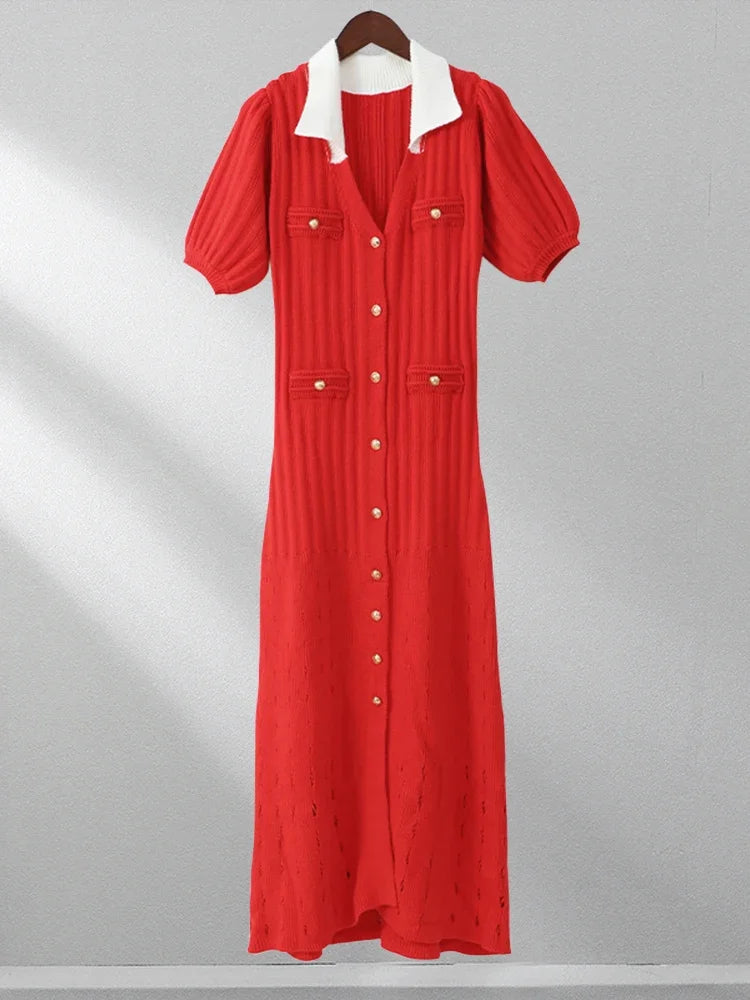 Vestido largo de punto con escote en V y contraste para mujer, con solapas ahuecadas, cintura alta, elegante, para fiesta, de punto, maxivestido para mujer