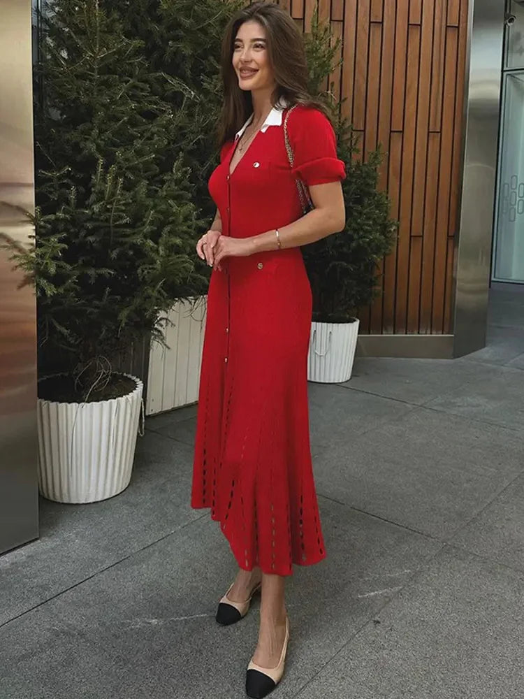Vestido largo de punto con escote en V y contraste para mujer, con solapas ahuecadas, cintura alta, elegante, para fiesta, de punto, maxivestido para mujer