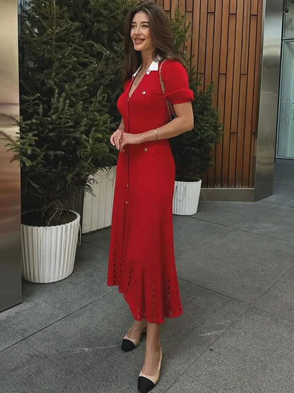 Vestido largo de punto con escote en V y contraste para mujer, con solapas ahuecadas, cintura alta, elegante, para fiesta, de punto, maxivestido para mujer