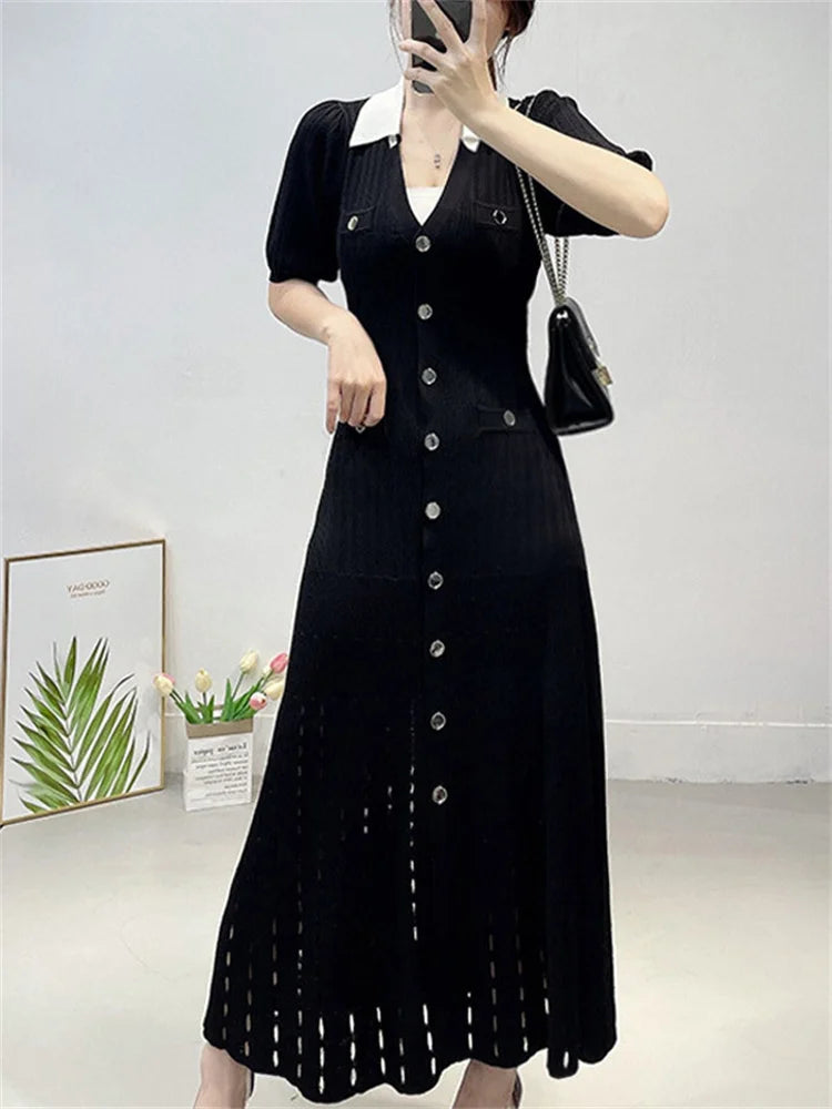 Vestido largo de punto con escote en V y contraste para mujer, con solapas ahuecadas, cintura alta, elegante, para fiesta, de punto, maxivestido para mujer