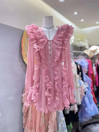 Minivestido de verano con escote en V, cordones y volantes: vestido de fiesta de moda con cintura alta y malla.