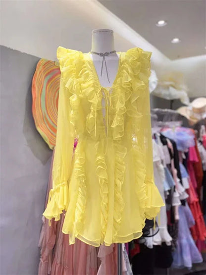 Minivestido de verano con escote en V, cordones y volantes: vestido de fiesta de moda con cintura alta y malla.