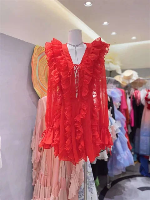 Minivestido de verano con escote en V, cordones y volantes: vestido de fiesta de moda con cintura alta y malla.