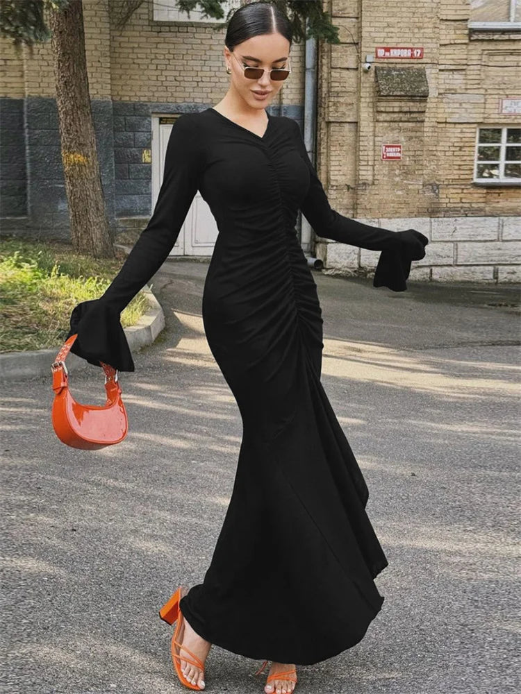 Vestido largo plisado con cuello en V para mujer, elegante, liso, con volantes y retazos, para fiesta y calle