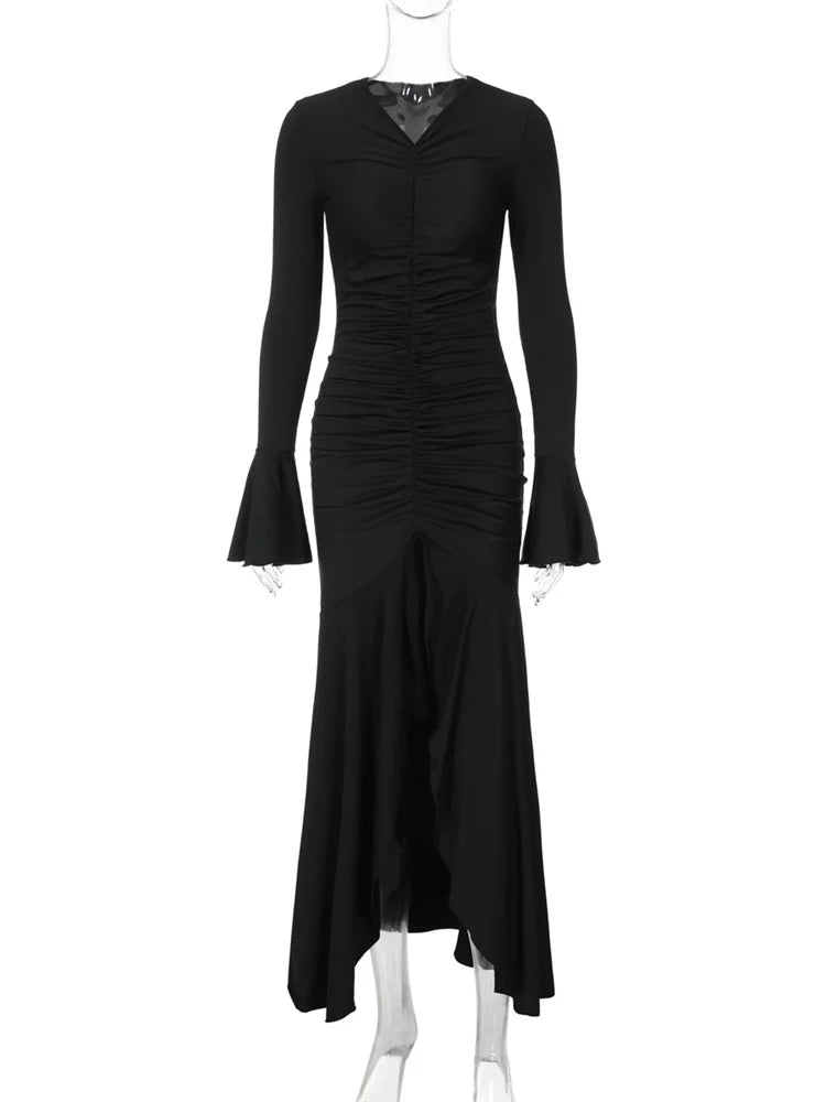 Vestido largo plisado con cuello en V para mujer, elegante, liso, con volantes y retazos, para fiesta y calle