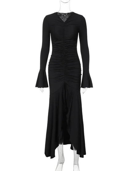 Vestido largo plisado con cuello en V para mujer, elegante, liso, con volantes y retazos, para fiesta y calle