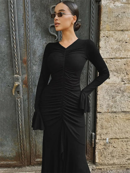 Vestido largo plisado con cuello en V para mujer, elegante, liso, con volantes y retazos, para fiesta y calle