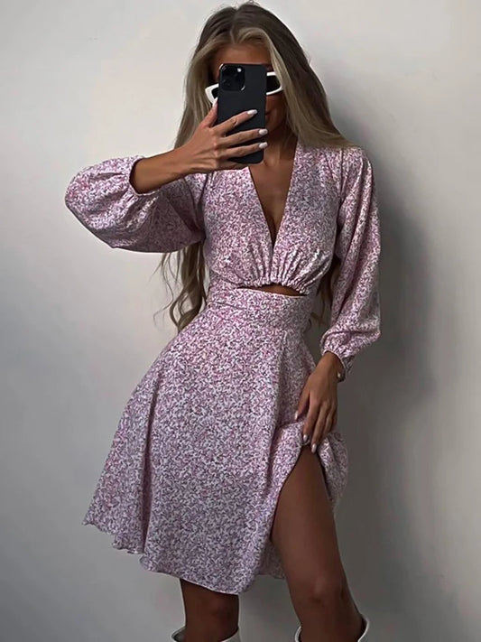 Vestido mini estampado con cuello en V para mujer, moda de verano 2025, elegante vestido de manga larga con aberturas, conjunto de patchwork, vestido ajustado.