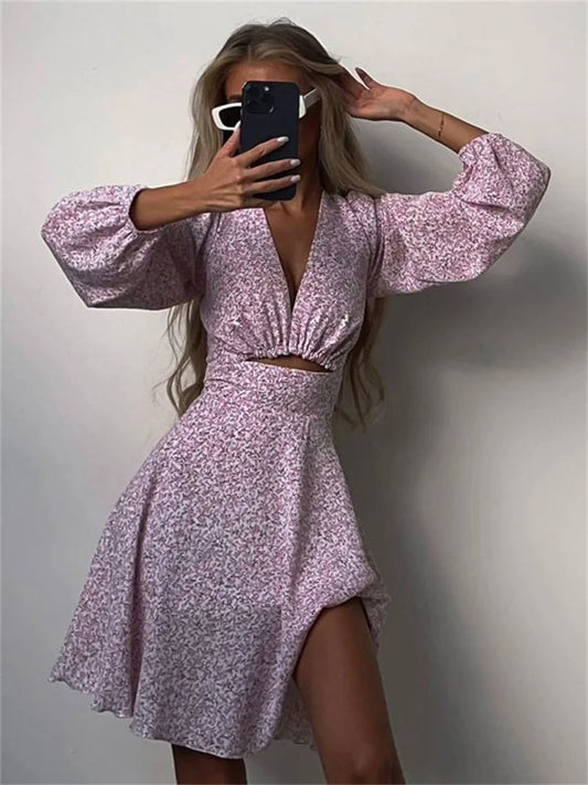 Vestido mini estampado con cuello en V para mujer, moda de verano 2025, elegante vestido de manga larga con aberturas, conjunto de patchwork, vestido ajustado.