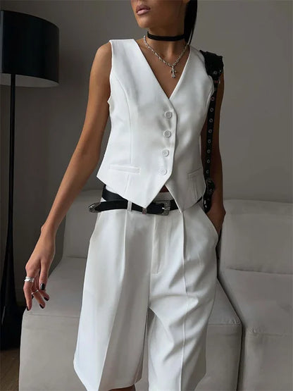 Conjunto de 2 piezas para mujer, sin mangas, con cuello en V, pantalones casuales ajustados y rectos, con bolsillos, conjuntos de pantalones cortos de moda urbana.