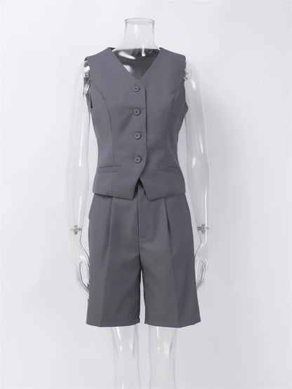 Conjunto de 2 piezas para mujer, sin mangas, con cuello en V, pantalones casuales ajustados y rectos, con bolsillos, conjuntos de pantalones cortos de moda urbana.