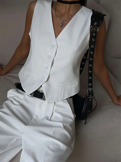 Conjunto de 2 piezas para mujer, sin mangas, con cuello en V, pantalones casuales ajustados y rectos, con bolsillos, conjuntos de pantalones cortos de moda urbana.