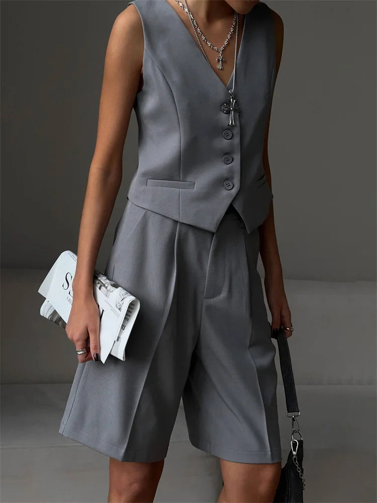 Conjunto de 2 piezas para mujer, sin mangas, con cuello en V, pantalones casuales ajustados y rectos, con bolsillos, conjuntos de pantalones cortos de moda urbana.