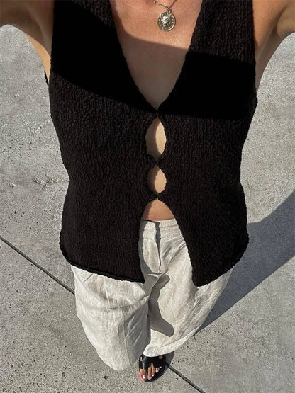Cárdigan de punto sin mangas con cuello en V, suéter calado, chaleco sexy de verano para mujer, top corto de punto