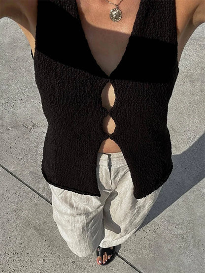 Cárdigan de punto sin mangas con cuello en V, suéter calado, chaleco sexy de verano para mujer, top corto de punto