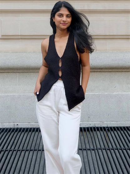 Cárdigan de punto sin mangas con cuello en V, suéter calado, chaleco sexy de verano para mujer, top corto de punto