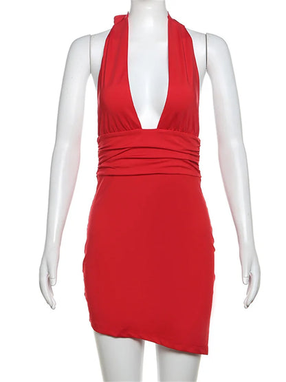 V-Neck Slim Hot Backless Mini Dress Female Bandage Solid Summer Halter Patchwork Elegant Party Dress Clothes Women Dress