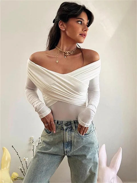 V-Neck Summer Patchwork T-shirt Cropped Top For Women Fashion Mesh Long Sleeve Sexy Off-Shoulder Female Y2k Top Tee 2025