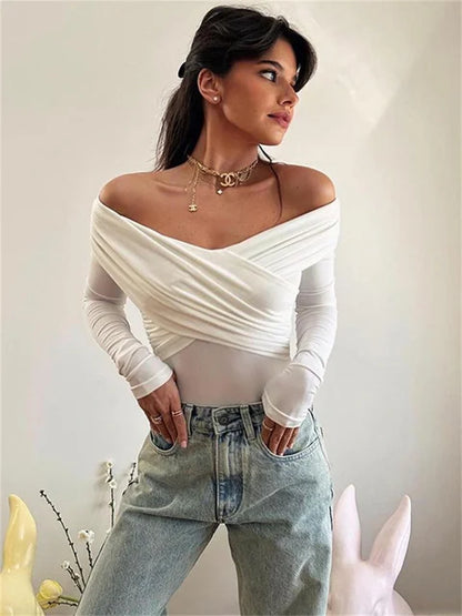V-Neck Summer Patchwork T-shirt Cropped Top For Women Fashion Mesh Long Sleeve Sexy Off-Shoulder Female Y2k Top Tee 2025