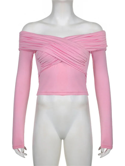 V-Neck Summer Patchwork T-shirt Cropped Top For Women Fashion Mesh Long Sleeve Sexy Off-Shoulder Female Y2k Top Tee 2025