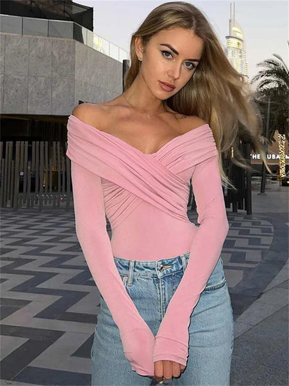 V-Neck Summer Patchwork T-shirt Cropped Top For Women Fashion Mesh Long Sleeve Sexy Off-Shoulder Female Y2k Top Tee 2025