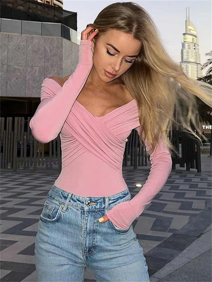 V-Neck Summer Patchwork T-shirt Cropped Top For Women Fashion Mesh Long Sleeve Sexy Off-Shoulder Female Y2k Top Tee 2025