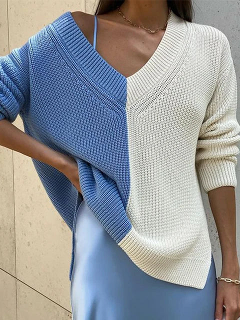 Suéter de punto gofre con cuello en V para mujer, otoño 2025, nuevo jersey de patchwork, ropa de calle de moda, prendas de punto informales de gran tamaño