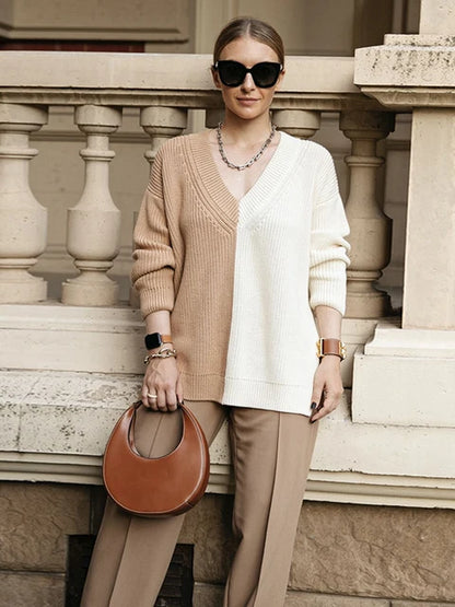 Suéter de punto gofre con cuello en V para mujer, otoño 2025, nuevo jersey de patchwork, ropa de calle de moda, prendas de punto informales de gran tamaño