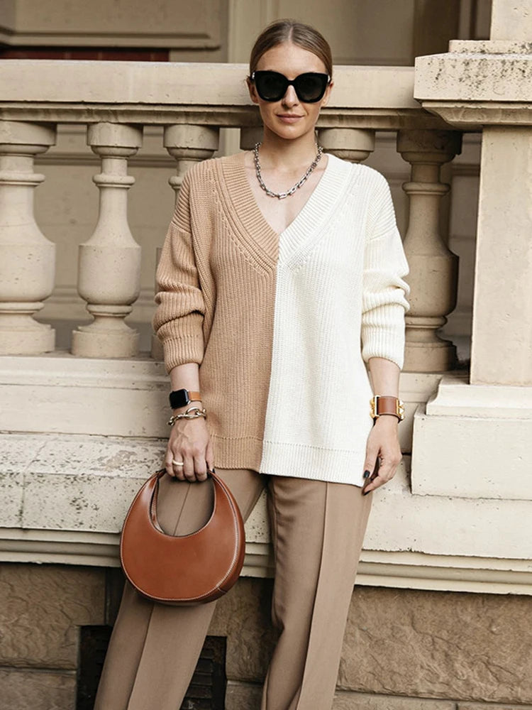 Suéter de punto gofre con cuello en V para mujer, otoño 2025, nuevo jersey de patchwork, ropa de calle de moda, prendas de punto informales de gran tamaño