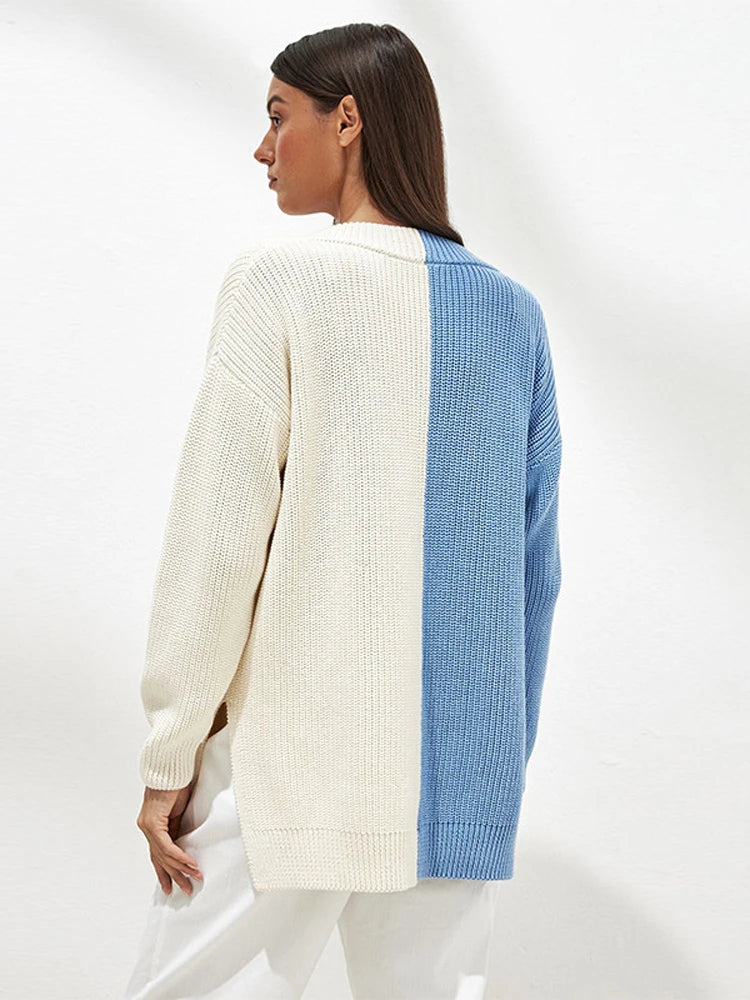 Suéter de punto gofre con cuello en V para mujer, otoño 2025, nuevo jersey de patchwork, ropa de calle de moda, prendas de punto informales de gran tamaño