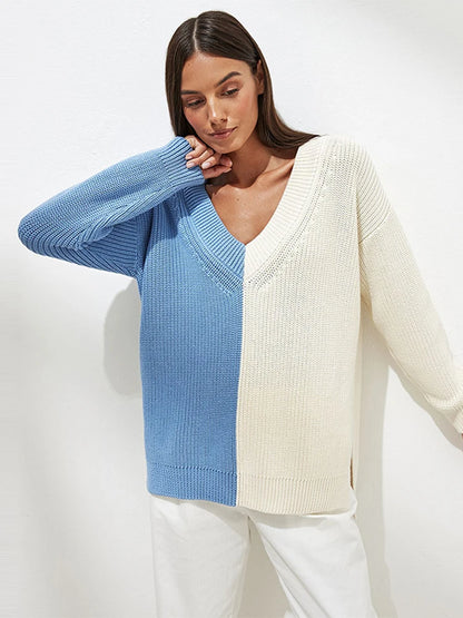 Suéter de punto gofre con cuello en V para mujer, otoño 2025, nuevo jersey de patchwork, ropa de calle de moda, prendas de punto informales de gran tamaño