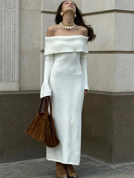 Vestido largo de punto blanco de otoño para mujer, vestido de fiesta holgado con hombros descubiertos y cintura alta acanalada, vestido de punto para mujer