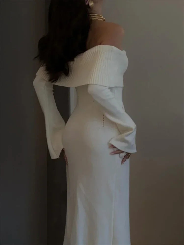 Vestido largo de punto blanco de otoño para mujer, vestido de fiesta holgado con hombros descubiertos y cintura alta acanalada, vestido de punto para mujer