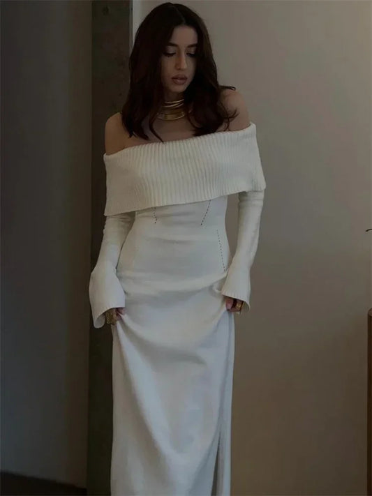 Vestido largo de punto blanco de otoño para mujer, vestido de fiesta holgado con hombros descubiertos y cintura alta acanalada, vestido de punto para mujer