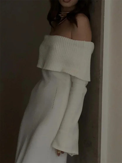 Vestido largo de punto blanco de otoño para mujer, vestido de fiesta holgado con hombros descubiertos y cintura alta acanalada, vestido de punto para mujer