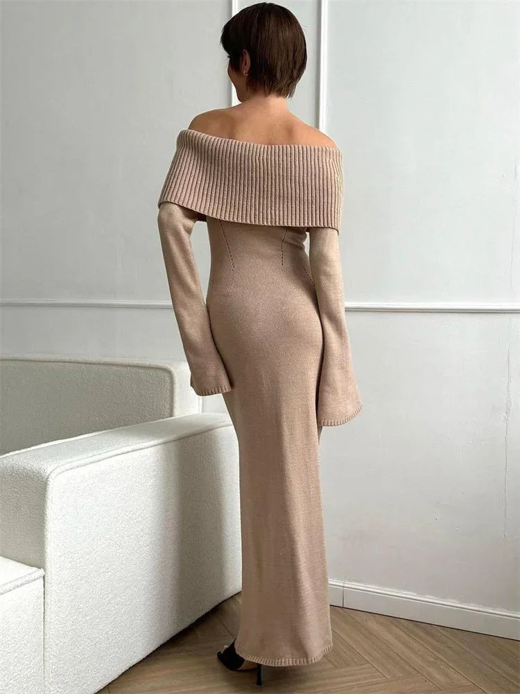 Vestido largo de punto blanco de otoño para mujer, vestido de fiesta holgado con hombros descubiertos y cintura alta acanalada, vestido de punto para mujer