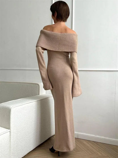 Vestido largo de punto blanco de otoño para mujer, vestido de fiesta holgado con hombros descubiertos y cintura alta acanalada, vestido de punto para mujer