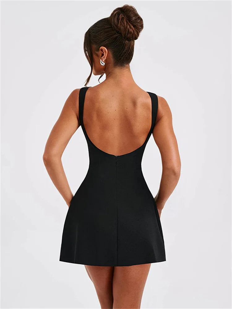 White Backless Slim Mini Dress Female Patchwork Sexy Fashion Summer 2025 Elegant Party Looks Dress Women Solid Mini Dress