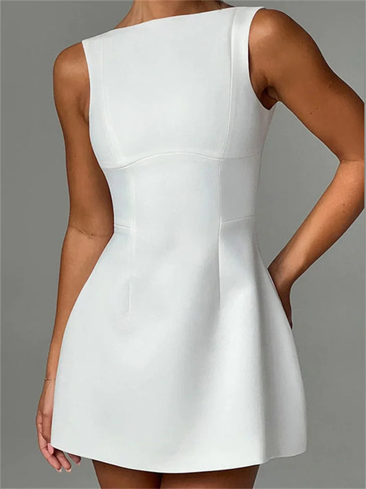 Vestido mini blanco sin espalda ajustado para mujer, estilo patchwork, sexy, a la moda, para verano 2025, elegante, para fiestas, color liso.